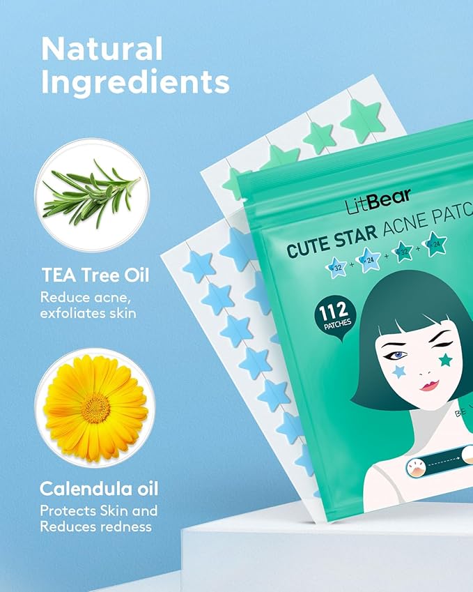 LitBaer Star-Shaped Pimple Patch Hydrocolloid Acne Stickers with Tea Tree Oil + Salicylic Acid, Cover Dot for Acne Blemish, Pimples, Whiteheads, Zit, Draw out Oil & Impurities, 112 Dots, 14mm & 10mm