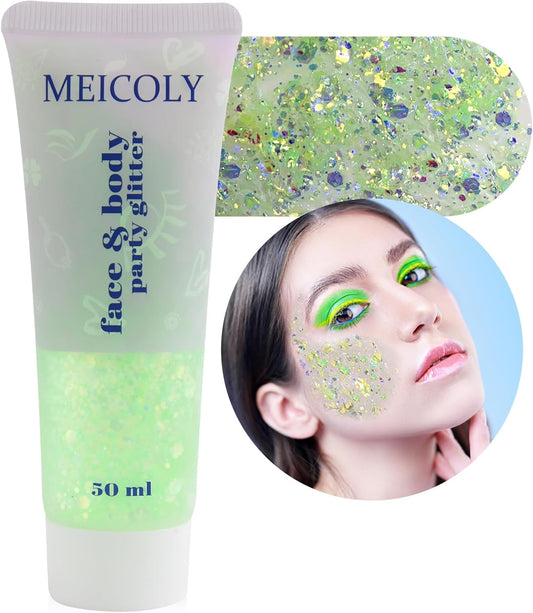 MEICOLY Chameleon Lime Green Body Glitter, Color Changing Mermaid Holographic Glitter Gel for Face, Body, Hair, Festival Party Cheer Makeup
