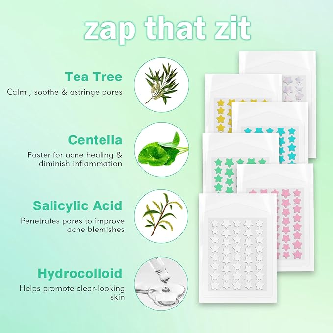Star Pimple Patches For Face 240 Counts Hydrocolloid Acne Patches with Tea Tree Oil Blemish Zit Patches For Face 3 Sizes Acne Patch Acne Dots Patches 6 colors Pink Yellow Blue Star Pimple Patches
