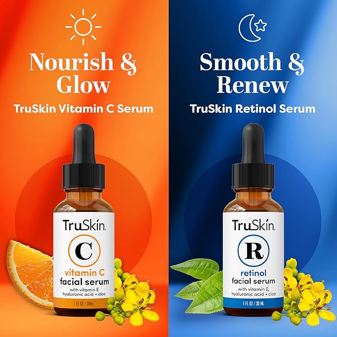 TruSkin Face Serum Duo – Vitamin C Serum & Retinol Serum for Face – AM & PM Anti Aging Skincare Routine – Brightening & Smoothing Facial Serums, 1 fl oz Each