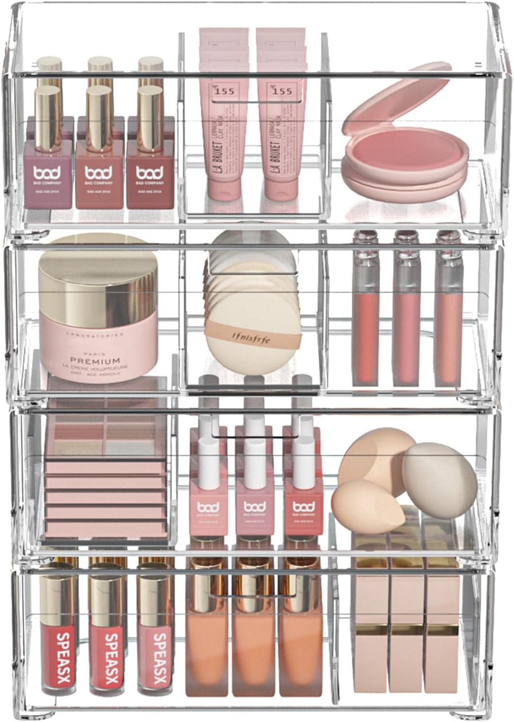 Stackable Storage Drawers Clear Plastic Storage Bins Bathroom Drawer Organizer Medicine Cabinet Organizer Makeup Organizers w Removable Divider Home Workspace Office Desktop Vanity Gift Idea 4Pack