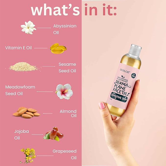 Dermaplane Oil for Women with Sensitive Skin - Face Shaving Oil - Non Comedogenic, Fragrance Free, Natural & Lightweight - Use with Dermaplane Razor for Women Face, 2oz by Ouiloe