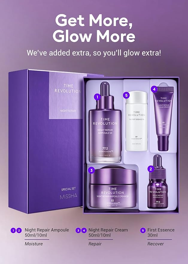 MISSHA Time Revolution Night Repair 5X Gift Set Night Repair Ampoule and Cream 5X, The First Essence 5X for Youthful, Glass Skin, Korean Skin Care