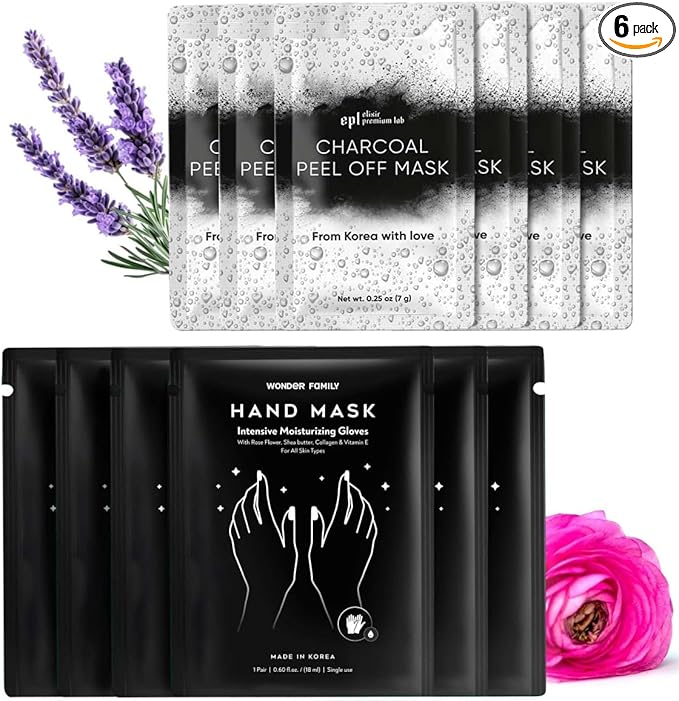 Hand Mask & Activated Charcoal Face Mask Skin Care Kit - Korean Skin Care Products Bundle for Face Skin Care & Dry Hands - Charcoal Face Mask & Hand Masks Moisturizing Glove Combo 12 pk for Spa Day