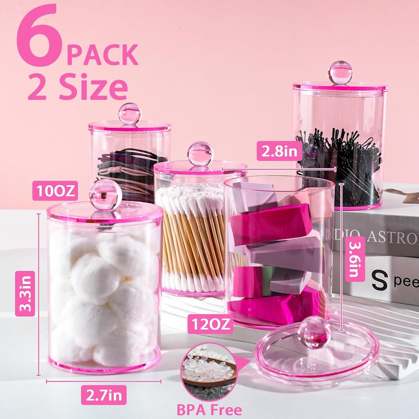 6 Pack Qtip Holder,Canister Apothecary Jar Set, Bathroom Jars with Lids Set for Cotton Swabs, Balls, Pads, Floss Picks,10oz-12oz Plastic Canisters Restroom Bedroom Vanity Organizer(Pink)