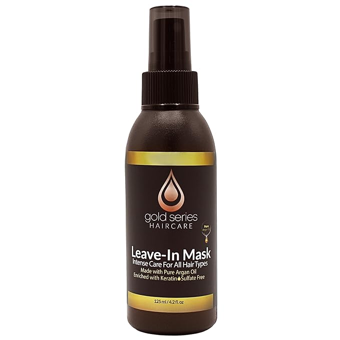 Gold Series Leave-In Hair Mask – Argan Oil Hair Mask Enriched with Keratin – Nourishing and Gently Detangling Leave In Conditioner Spray for Curly, Frizzy or Damaged Hair, 4.2 Fl.oz