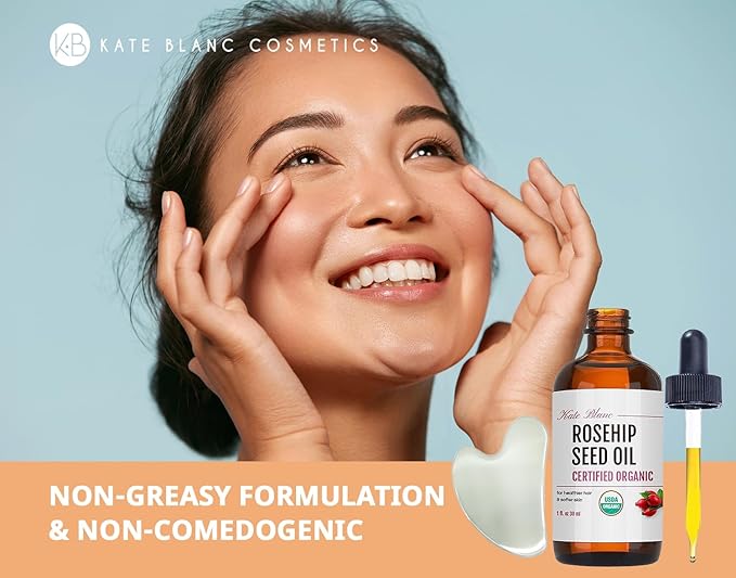 Kate Blanc Cosmetics Rosehip Oil for Face with Stainless Gua Sha (1oz, Organic, Pure, Cold Pressed) Rosehip Seed Face Oil for Gua Sha Massage