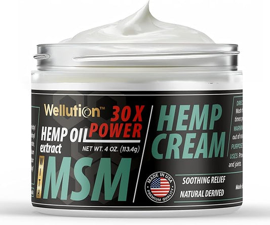 WELLUTION Hemp Cream with MSM - All-Natural Hemp Oil Extract - Extra Strength Massage Lotion with Arnica, Vitamins E & A - 4 oz. - Fast Relief