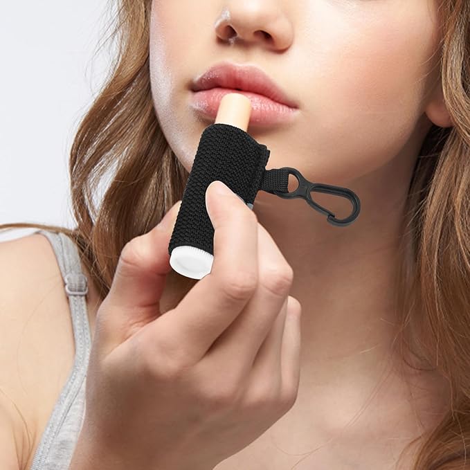 Lip Balm Holder, 4Pcs Chapstick Holder with Clip On for Backpacks, Elastic Lipstick Sleeve Holder Gifts for Friends Women Girls Boys Man, Black