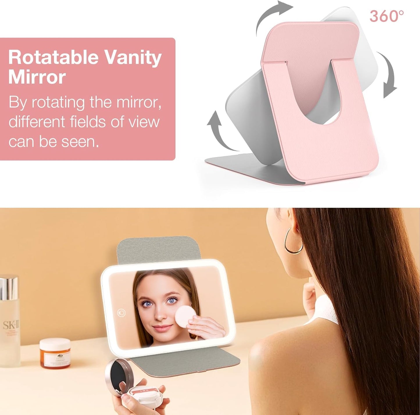 Kintion Travel Makeup Mirror, Portable LED Lighted Makeup Mirror, 360° Rotation Touch Screen Vanity Mirror, 60 LEDs, 3-Color Dimmable Lighting, Rechargeable Tabletop Folding Cosmetic Mirror, Pink