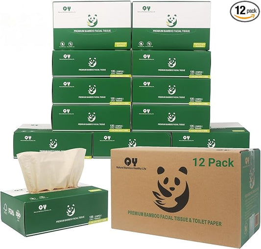 Unbleached Bamboo Facial Tissues - 12 Boxes of 100% Natural, Hypoallergenic, 134 Sheets per Box, FSC Certified, Eco - Friendly, Ultra - Soft & Gentle for Everyday Home and Office Use
