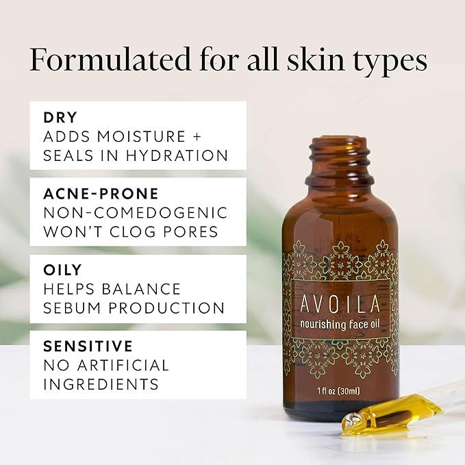 AVOILA Organic Face Oil Moisturizer for Dry, Aging, Sensitive, Acne Prone Skin l Restoring, Balancing l Vegan l Rosehip Oil + Sea Buckthorn Oil + Vitamin E + Grapeseed Oil + Avocado Oil l Gua Sha