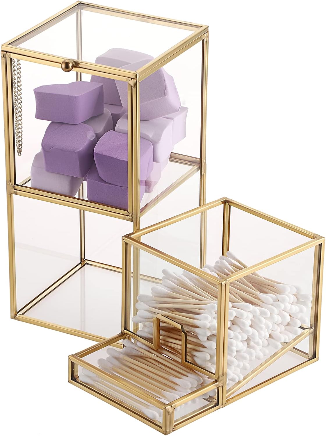Hipiwe Gold Glass Qtip Holder with Lid 2 Compartments Cotton Balls Swab Organizer Cotton Round Pads Holder Makeup Pad Cosmetic Storage Case Q-tip Dispenser for Dresser Countertop