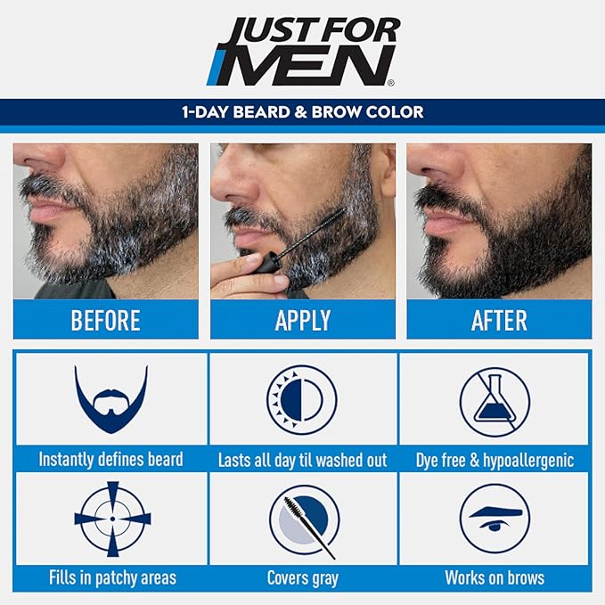 Just for Men 1-Day Beard & Brow Color, Temporary Color for Beard and Eyebrows, For a Fuller, Well-Defined Look, Up to 30 Applications, Darkest Brown/Black, Ships in Eco-Friendly Packaging (Pack of 3)