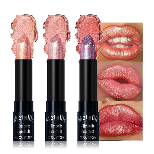 Metallic Glitter Lipstick Set Shimmering Colors Long Lasting Waterproof Plump Matte Moisturizing (Set-A)