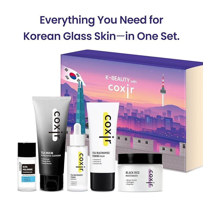 [New Years Gift Set] coxir K-Beauty Seoul Glow Set – 5-Step Korean Skincare Routine with TXA & Black Rice – Cleansing oil, Mask Cleanser, Ampoule, Balm & Moisturizer,korean skincare,Holiday Gift