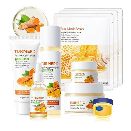 9 Pcs Turmeric Skin Care Set with Facial Cleanser,Toner,Face Serum,Face Cream,Eye Cream,Moisturizing Lip Balm,Hydrating Face Sheet Masks Skin Care Kit for Women and Men