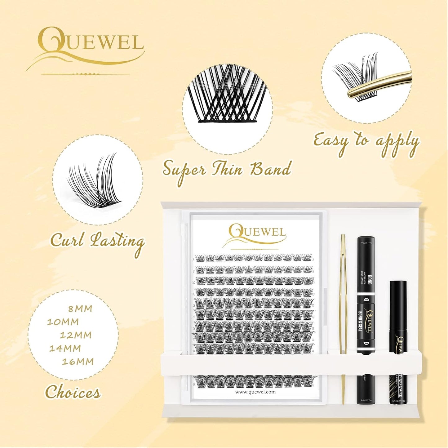 QUEWEL DIY Lash Extensions Kit Lash Clusters 144 Pcs, Cluster Lashes Golden Lashes Tweezers, Eyelash Clusters Bond and Seal Waterproof, Cluster Lash Glue Remover for DIY Lash Extensions (QU-RR-DH-02)