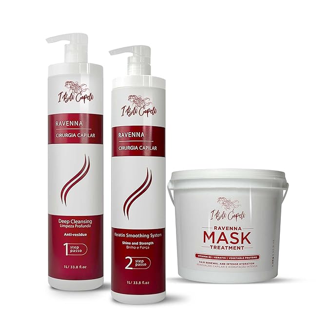 Ravenna Cirugia Capillar Kit - Shampoo + Hair Surgery System (1 Kg/35.2 fl oz) Formaldehyde-Free + Hair Mask for Damaged Hair (1,5 Kg/52.9 fl oz) - Straightening & Moisture for All Hair Types (3 Pack)