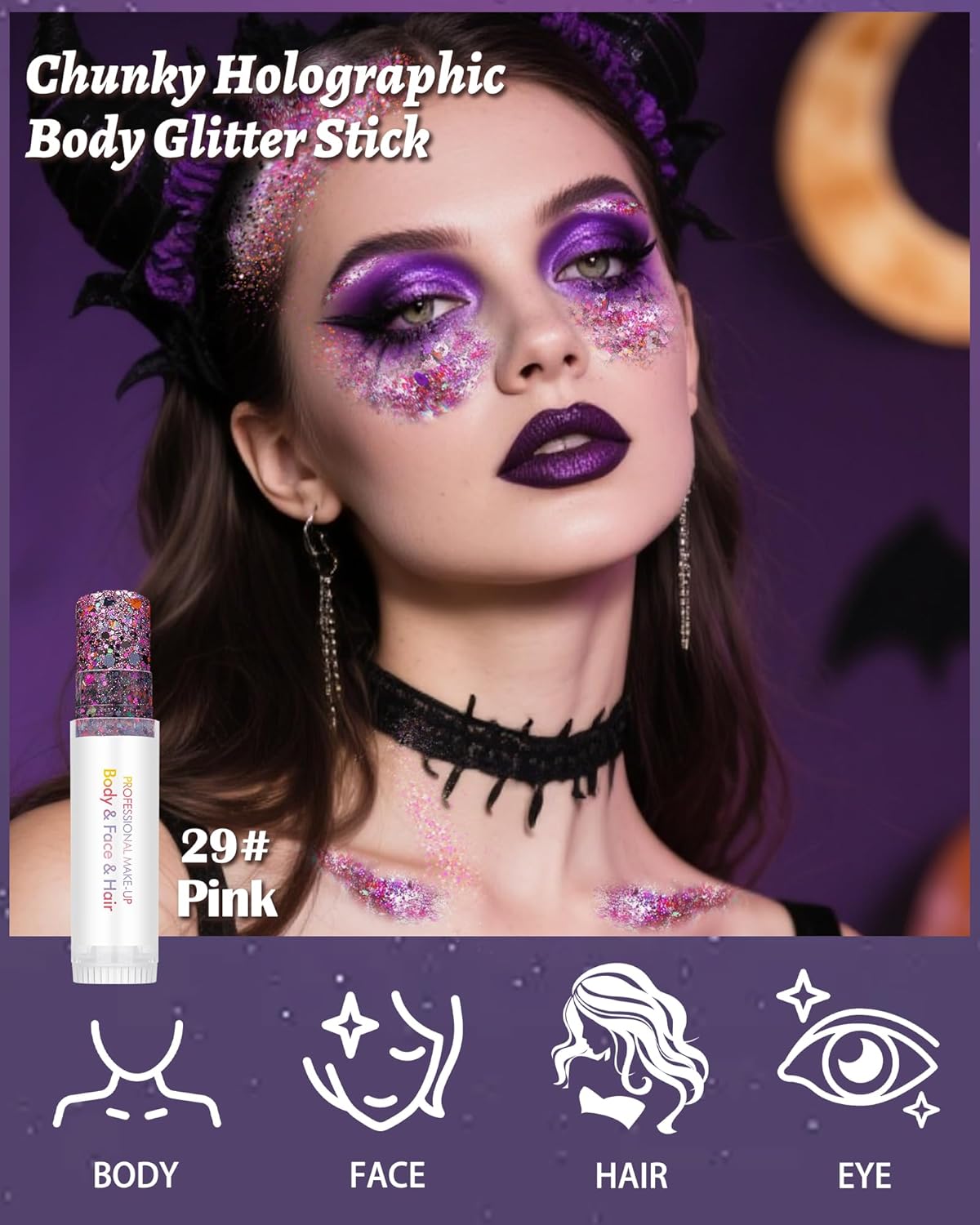 Body Glitter Stick, Waterproof Long Lasting Sparkling Face Shimmer Makeup, Singer Concerts Disco Music Halloween Festival Rave Accessories, Holographic Chunky Sequins Hair Stick,Gift for Women girl-29