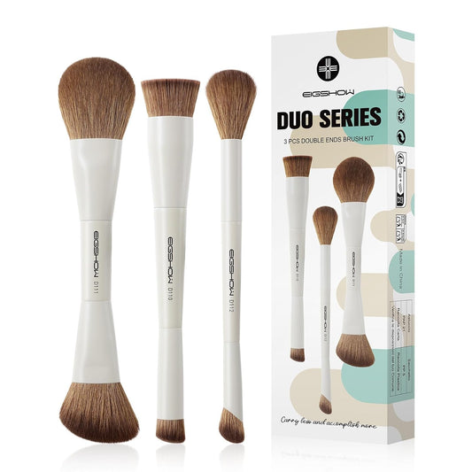 EIGSHOW Makeup Brush Set, 3Pcs Double Ended Face Makeup Brushes for Foundation Powder Contour Highlight Concealer Nose Shadow, Travel Gift Set (Beige)