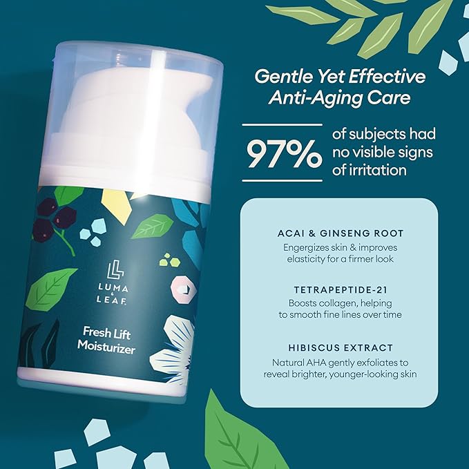 LUMA & LEAF Fresh Lift Facial Moisturizer, 1.7 FL Oz – Anti Aging Face Cream with Hyaluronic Acid & Tetrapeptide, Collagen Booster to Firm, Smooth Wrinkles & Hydrate Sensitive Skin