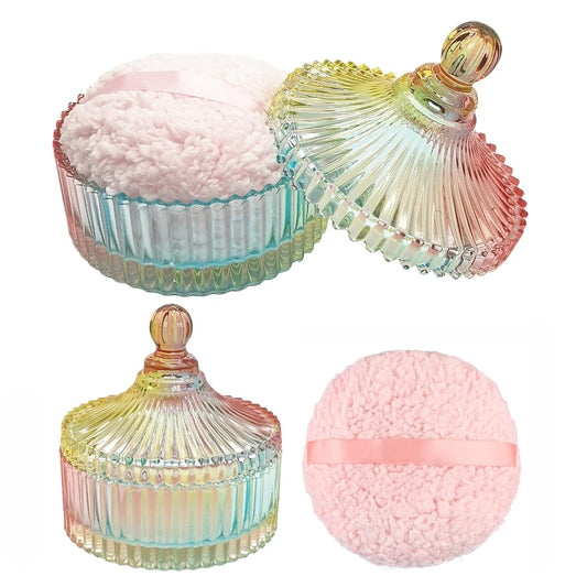 Extra Large Body Powder Puff and Container - Vintage Glass Dusting Powder Container with Soft Puff for Women & Girls (5.9x5.9x5.9 IN)-GRB010-Colorful-A