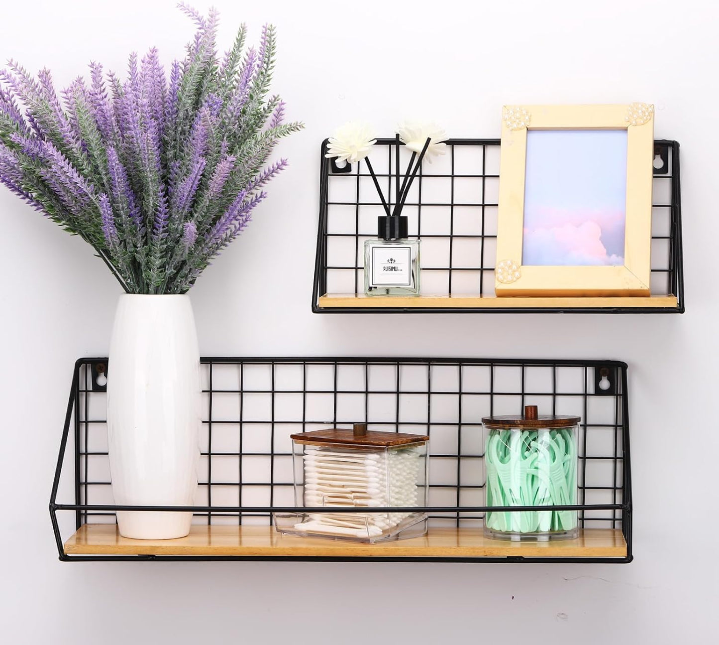 Tbestmax Qtips Dispenser, 10/12 oz Big Cotton Ball Holder Bathroom Container, Plastic Apothecary Jar Organizer for Storage Swab, Round Pads, Floss Picks - Wood Lids