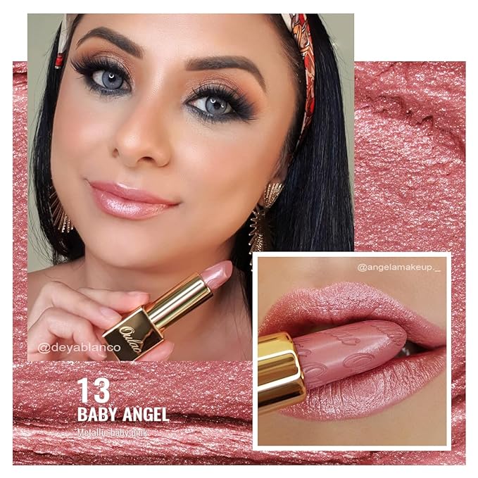 Oulac Metallic Light Pink & Sheer Lipstick Set - 2PCS Vegan Lightweight Hydrating Formula with High Impact Lip Color for Full Coverage Lip Makeup, Christmas Gifts for Women, 13+27
