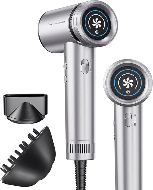 Hair Dryer - High-Speed 150,000 RPM Hairdryer for Fast Drying, 500Million Negative Ionic & Thermo-Control & Cool Shot Button & Lightweight & HD Display Blow Dryer with Magnetic Diffuser & Nozzle