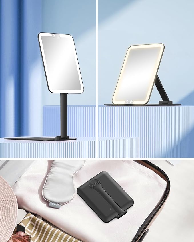 Gospire Travel Makeup Mirror with Lights and Magnification 10X, Portable Make Up Compact Tabletop with Adjustable Stand, 3 Colored Light Rechargeable Lighted LED Cosmetic Vanity- Black