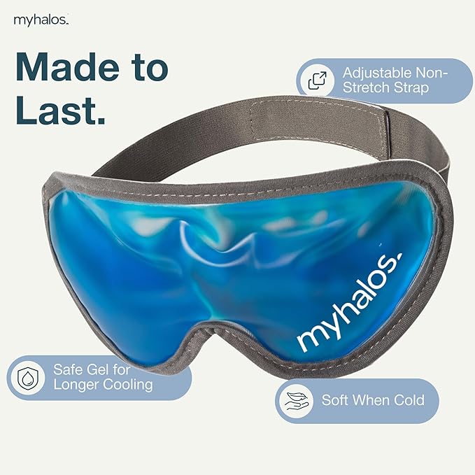 MyHalos® Gel Eye Mask - Reusable Cold Eye Mask with Adjustable Straps- Our Soothing Eye Gel Mask Helps Puffy Eyes, Dark Circles and Hangovers - Our Eye Ice Pack Also Relieves Sinus Pain & Headaches