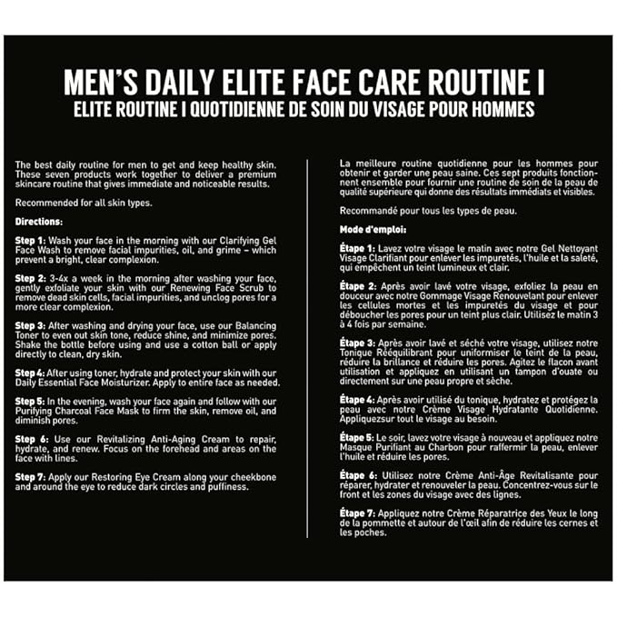 Brickell Men's Daily Elite Face Care Routine I, Toner, Gel Facial Wash, Face Scrub, Anti-Aging Night Cream, Eye Cream, Charcoal Mask and Moisturizer, Natural and Organic, Scented