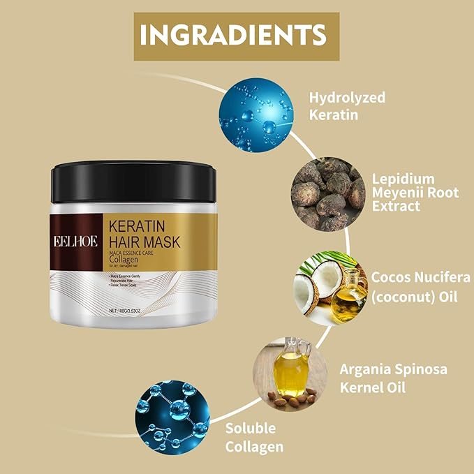 Collagen Hair Mask for Damaged Hair - Deep Repair Conditioning Argan Oil Treatment for Curly or Straight Thin Fine Hair 100ml