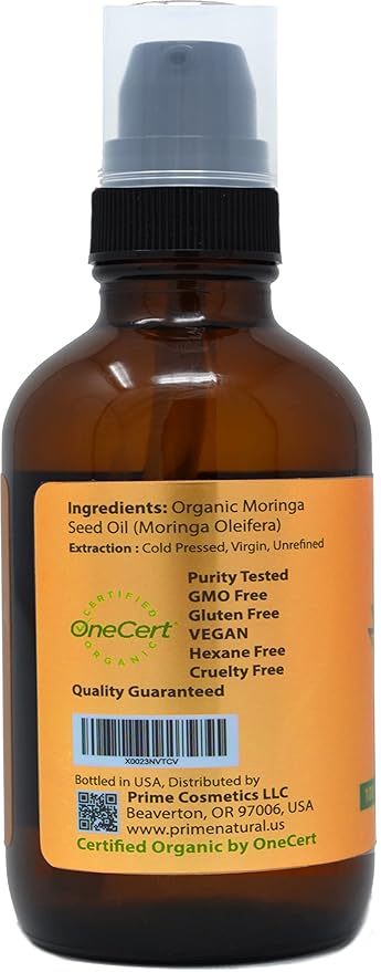 PRIME NATURAL Organic Moringa Oil USDA Certified, 100% Pure, Cold Pressed, Virgin, Unrefined Oil (4oz /120ml) - Joints, Skin, Face, Body & Hair - Vegan - Food Grade - Natural Moisturizer