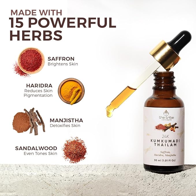 24k Kumkumadi Thailam, Skin Brightening, Oil, Toned Glow Enriched with Saffron Sandalwood, Chemical Free Natural, 30 ml Pack of 1 Standard