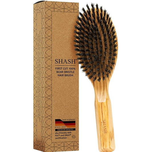 SHASH Everyday 100% Boar Bristle Hair Brush - Made in Germany | Suitable For Thin To Normal Hair, Firm, and Naturally Conditioning | Enhance Texture, Exfoliate, and Stimulate the Scalp