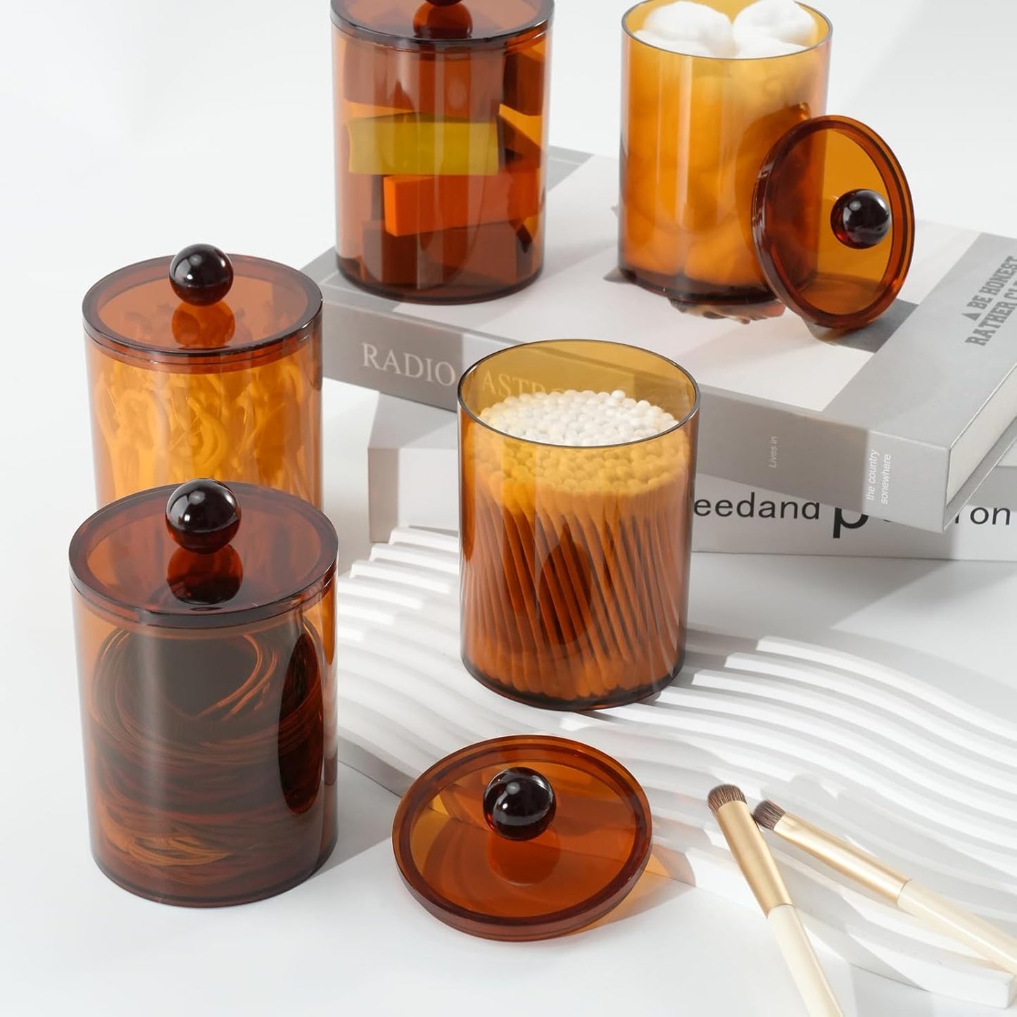 2 Pack Qtip Holder,Canister Apothecary Jar Set, Bathroom Jars with Lids Set for Cotton Swabs, Balls, Pads, Floss Picks,10oz-12oz Plastic Canisters Restroom Bedroom Vanity Organizer(Brown)