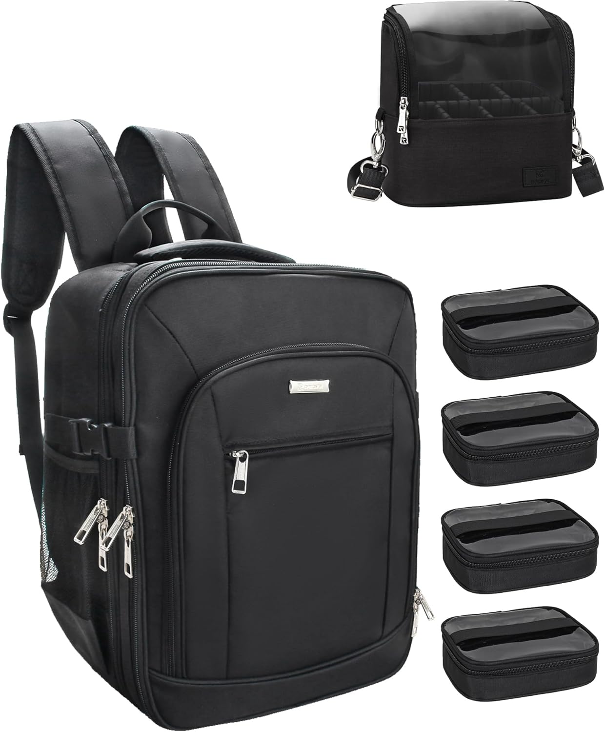 Makeup Backpack Makeup Artist Bag Professional Extra Large Cosmetic Bags Travel Train Case Storage Organizer Double-Layer Cosmetic Case with 4 Pouch and Brush Organizer (Black, two piece)