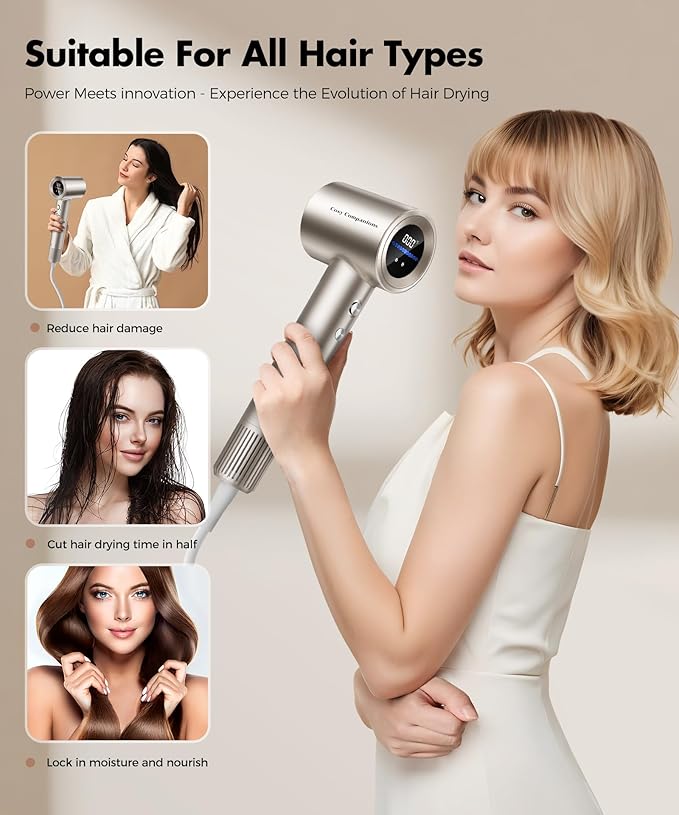 Hair Dryer, 150000RPM High-Speed Hairdryer for Fast Drying, Low Noise, HD Display, 5 Temps & 2 Speeds, 500 Million Negative Ionic Blow Dryer with Diffuser & Nozzle for Home and Travel Salon, Gold