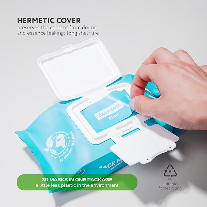 NSC Korean Moisturizing Face Masks with Hyaluronic Acid - 30-Pack Premium Hydrating Sheet Mask Set - Advanced K-Beauty with Shea Butter and Jojoba Oil - Skincare Monthly Supply for All Skin Types