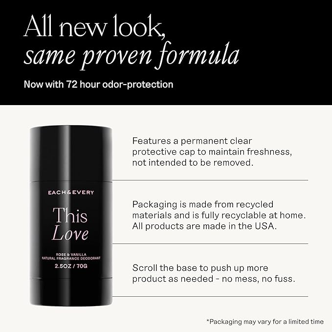 Each & Every Aluminum Free Deodorant for Women & Men, Rose & Vanilla - All Natural Deodorant for Sensitive Skin, EWG Verified - Clean, Baking Soda-Free, Plant-Based Fragrance - 2.5oz, 2 Pack