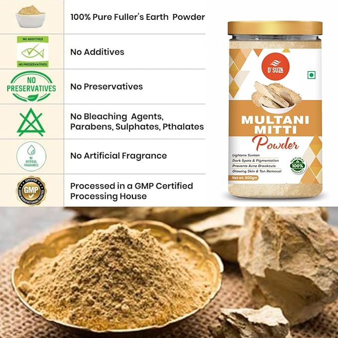 D'SUZA Fuller's Earth Powder, 11 Oz, 0.66 lb, Indian Healing Clay, Bentonite Clay, Natural Face Pack (11 Oz, Multani Mitti Powder)