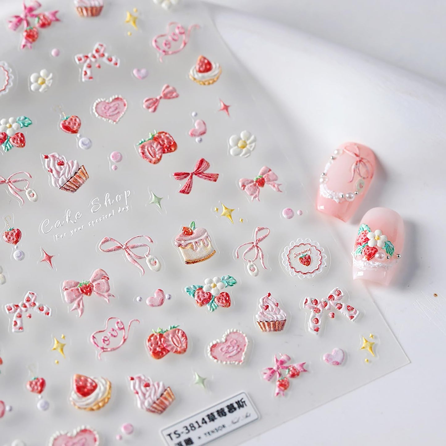 5D Embossed Bow Nail Stickers Pink Bow Nail Decals for Acrylic Nails Designs Self Adhesive Pink Star Cake Flower Nail Art Stickers Cute Bow Nail Art Supplies for Women Nail Accessores