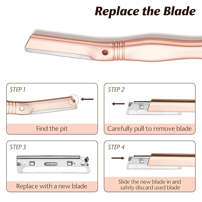 Eyebrow Razor, Dermaplaning Tool for Face, Face Razors for Women, Dermaplane Razor, Hair Removal and Exfoliation, Facial Razor, Face Shaver for Women&Men, 6 Blade Refills with Blade Cover (Rose Gold)