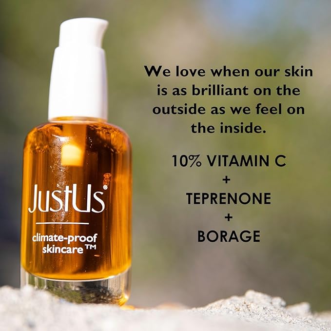 JustUs Skincare, Brilliance - Vitamin C Oil Serum for Face, reduce age spots, discoloration, and hyperpigmentation, Vitamin C with Teprenone, Borage + Tetrahexldecyl Ascorbate - 30ml / 1 oz