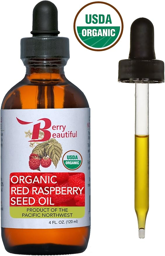 Certified Organic Red Raspberry Seed Oil - Cold Pressed by Berry Beautiful from Organically grown Raspberries - 100% Pure & Unrefined (4 fl oz)