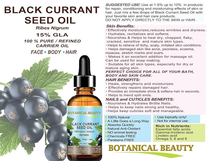 BLACK CURRANT SEED OIL 100% Pure Natural Undiluted Refined Cold Pressed Carrier oil. 1 Fl.oz. - 30 ml For Face, Skin, Hair, Lip, Nails. Rich in Gamma Linolenic acid, Omega 3 by Botanical Beauty