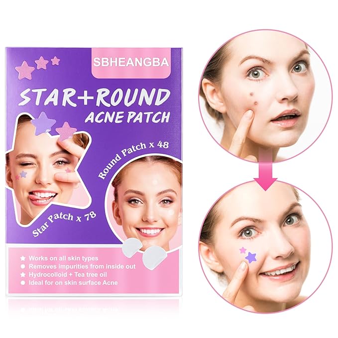 Pimple Patches for Face (126 Count), Acne Patches for Face, Star+Round Pimple Patch with Tea Tree Oil，Hydrocolloid Acne Patches Acne Patch Zit Patches for Face