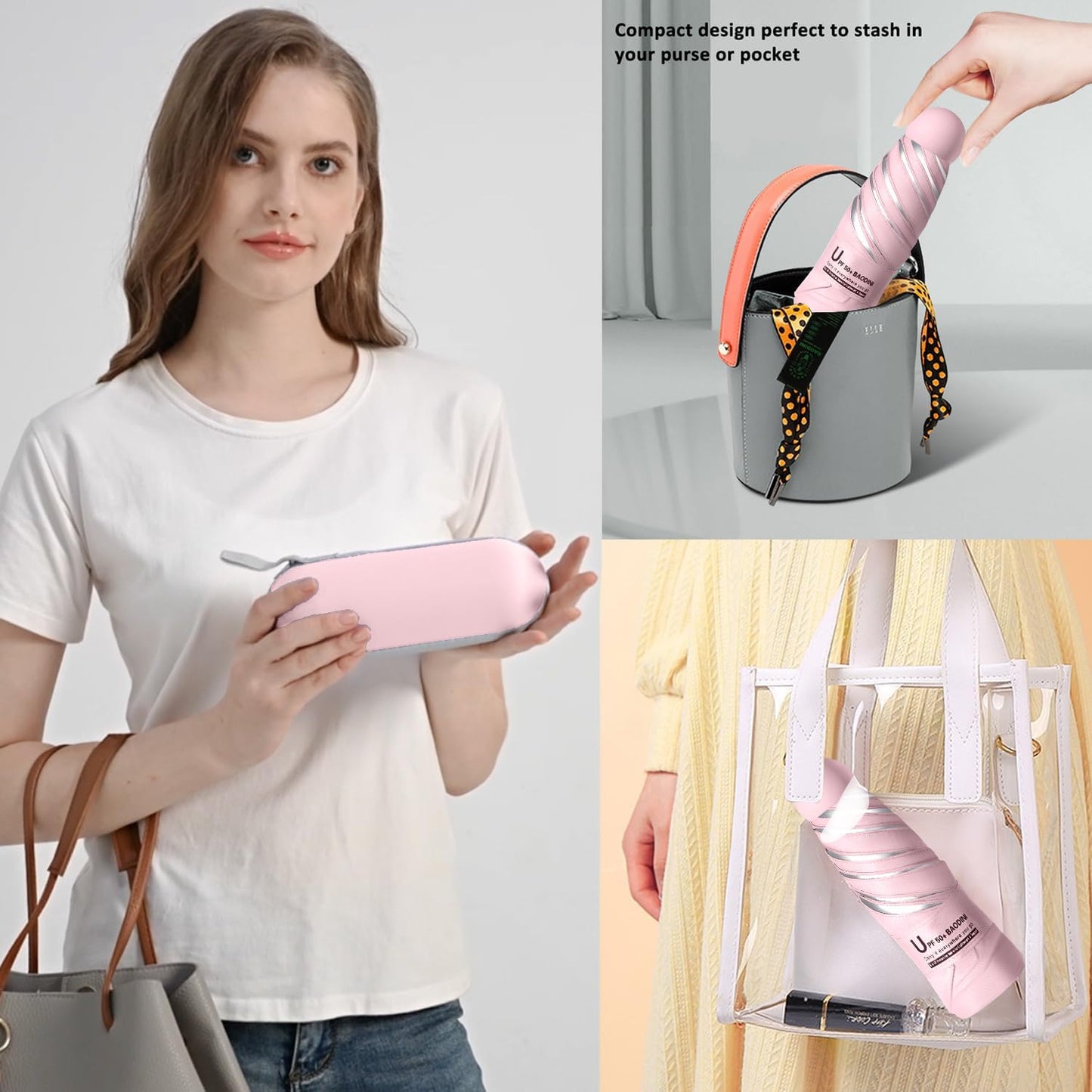 BAODINI Travel Essentials Mini Umbrella for Purse With Case Small Compact UV Sun Protection Lightweight Tiny Pocket Manual Open Close Umbrella for Women Kids and Men Fit Purse Backpack